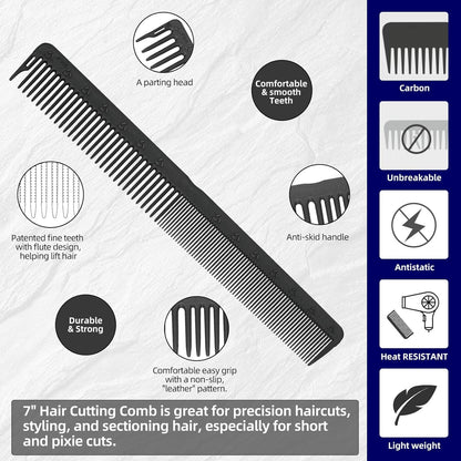 PERFEHAIR 2-Pack Professional Round Tooth Hair Cutting Comb - 7 Inch, Black Carbon Fiber Anti-Static & Heat Resistant, Durable Barber Combs with Fine & Wide Tooth for Precise Haircut for Men & Women