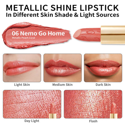 Oulac Coral Pink Lipstick for Women with Metallic 3D Shine Lightweight Hydrating Formula, High Impact Lip Color, Vegan Beauty, Full Coverage Lip Makeup, Christmas Gifts for Women, Nemo Go Home(06)