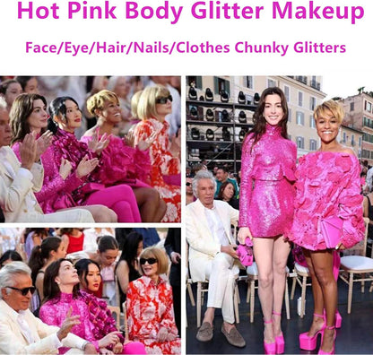 Go Ho Hot Pink Face Body Glitter Gel,Singer Concerts Hot Pink Face Paint Makeup,Holographic Chunky Sequins Glitters for Eye Lip Hair Nails,Festival Rave Accessories,52g