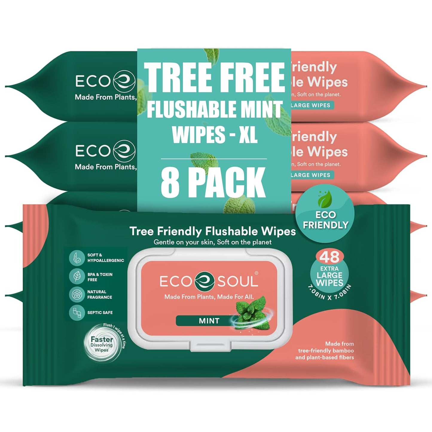 ECO SOUL Bamboo Flushable Wipes For Adult- Mint 384 Wipes |8 Pack of 48| Eco-Friendly Wipes| 99% Purified Water, Hypoallergenic, Soft Wipes, BPA & Paraben free
