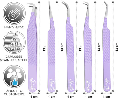 SIVOTE Lash Tweezers for Eyelash Extensions, Pack of 5 Purple – Lash Extension Tweezers Set with Diamond Grip, Precision Fiber Tip for Volume Eyelash Extensions