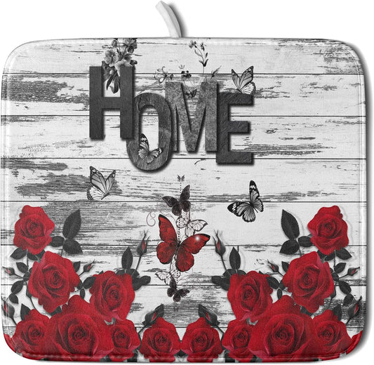 Red Rose Dish Drying Mat 16x18 inch Romantic Floral Absorbent Microfiber Sink Counter Dishware Drainer Pad for Kitchen Coffee Bar Decor