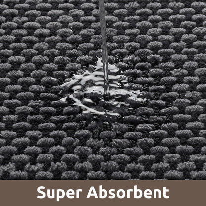 AMOAMI Chenille Bath Mat Super Absorbent Bathroom Mat Quick Dry Low Pile Bath Mats for Bathroom Washable Rubber Backed Bathroom Runners Fit Under Door, Front of Bathtub, Sink, Darkgrey&Black 17"x59"