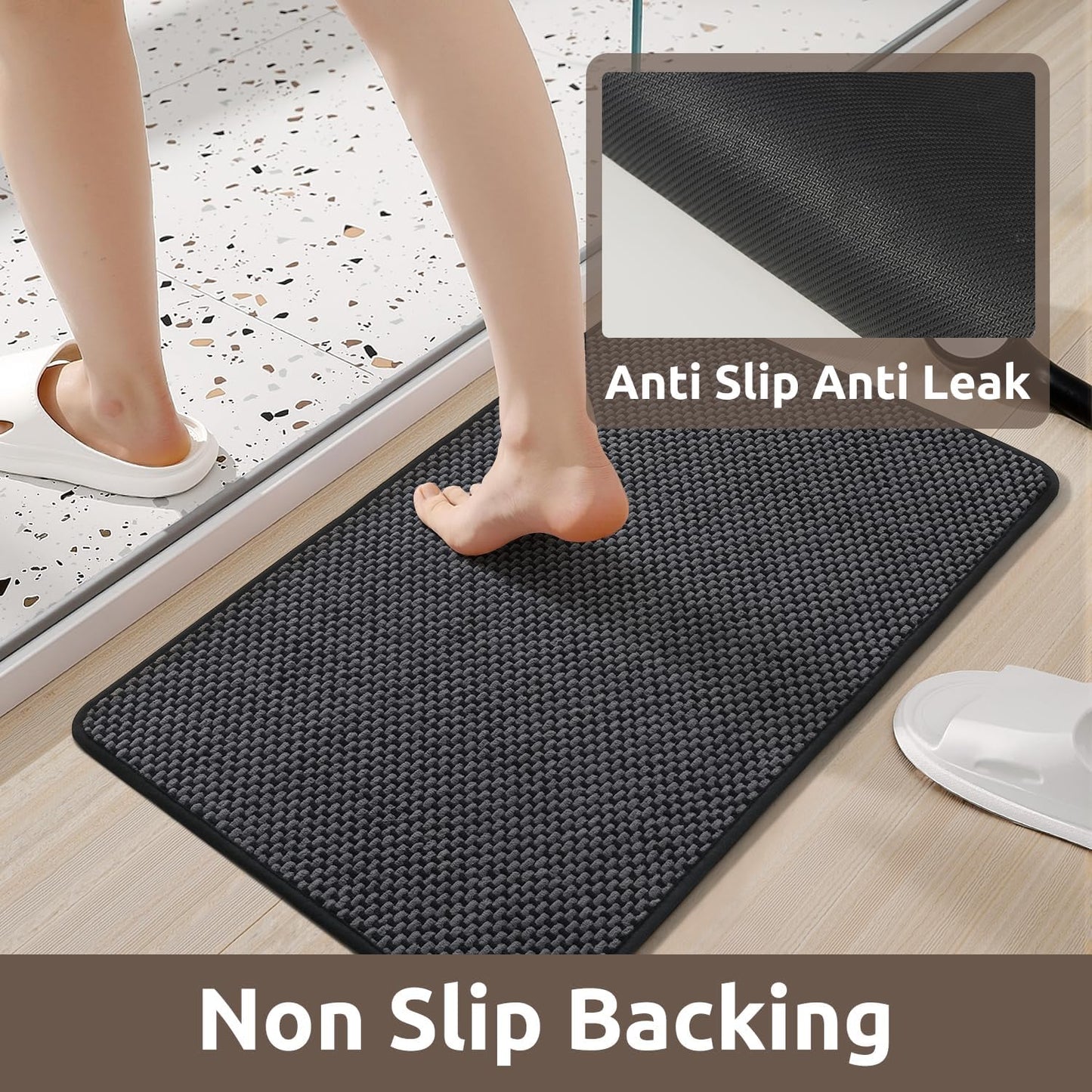 AMOAMI Chenille Bath Mat Super Absorbent Bathroom Mat Quick Dry Bath Mats for Bathroom Rubber Backed Bathroom Rugs Non Slip Washable Fit Under Door, Front of Bathtub, Sink, Darkgrey&Black 17"x24"