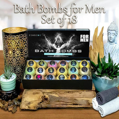 Bath Bombs for Men, Gift Set of 18 Scented Organic Handmade Bath Bombs of 2.5 oz with Natural Essential Oils. Perfect for Boyfriend, Husband, Father or Friend, by ZenseMe