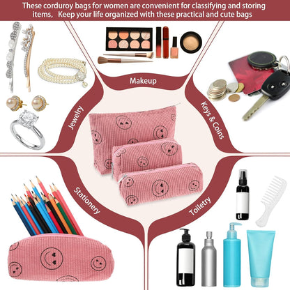 3 Pcs Makeup Bag Set for Women Corduroy Cosmetic Pouch Aesthetic Smile Travel Toiletry Bag Cute Purse Pouch Pencil Case Makeup Brushes Storage Organizer for Christmas(Pink,Smile Face)