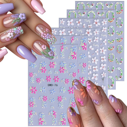 6Sheets Flower Nail Art Stickers 5D Self-Adhesive Nail Sticker Rose Daisy Nail Decals Holographic Stereo Blossom Decal Decoration for Women Wreath Manicure Stickers DIY Nail Art Sticker Supplies