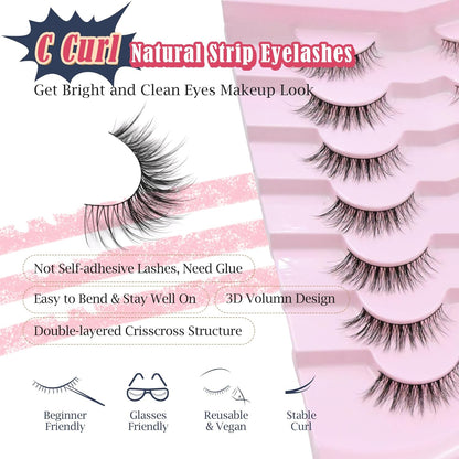 Eyelashes Natural Cat Eye Lashes 13mm Wispy Lashes False Eye Lashes with Thin Cotton Band C Curl Fake Eyelashes 3D Volume Lash Pack 7 Pair Siligli