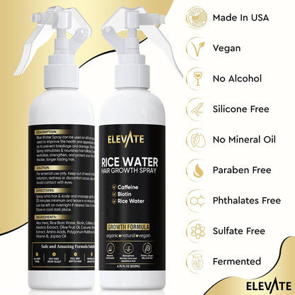 Elevate Rice Water Hair Growth Spray - Infused with Biotin, Caffeine & Aloe Vera for Thicker, Longer, Softer Hair - Fermented Leave In Mist for Thinning, Damaged Hair - Vegan & Non-Greasy