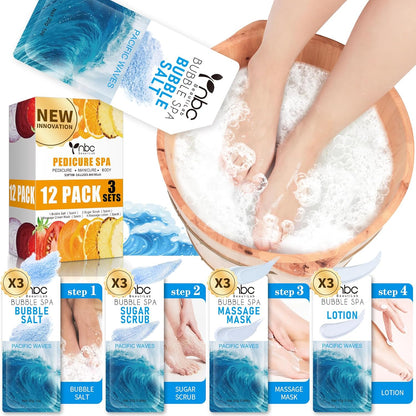 Pedicure Kit Foot Soak Set: Bubble Salt, Sugar Scrub, Massage Mask, Massage Lotion in a Box, 4 Step Foot Spa Kit for Dry Feet, Calluses and Tired Feet(3 Set Pacific Waves)