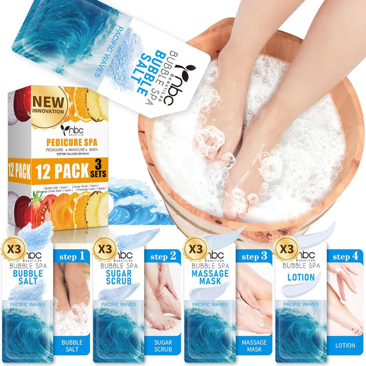 Pedicure Kit Foot Soak Set: Bubble Salt, Sugar Scrub, Massage Mask, Massage Lotion in a Box, 4 Step Foot Spa Kit for Dry Feet, Calluses and Tired Feet(3 Set Pacific Waves)