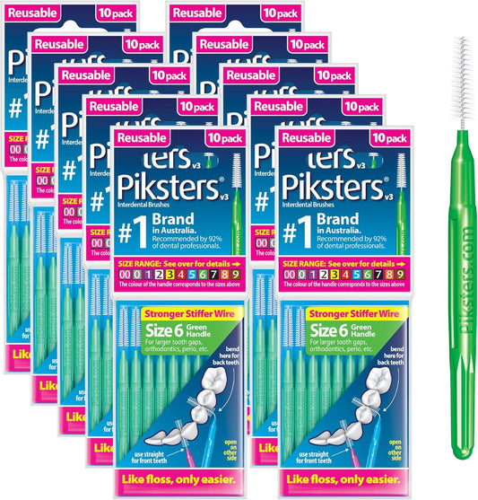 Piksters Interdental Brushes, Size 6, 100 Count (10 x 10 Packs), Interdental Tooth Brush for Larger Gaps, Gum Soft Bristles for Plaque Removal, Safe for Braces (100pk)