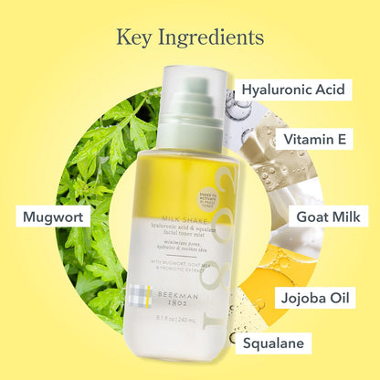 Beekman 1802 Milk Shake Hydrating Face Mist - Hyaluronic Acid & Squalane Facial Mist Minimizes Pores & Gently Moisturizes - Makeup Setting Spray - Fragrance-Free
