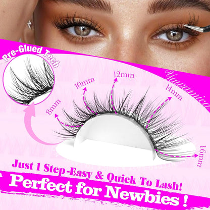 Yawamica Self Adhesive Eyelashes Wispy Lash Clusters No Glue Needed DIY Lash Extension 8-16mm Pre-Glued Eyelash Clusters Reusable Press on Lashes Natural C Curl Individual Lashes DIY Lash for Beginner