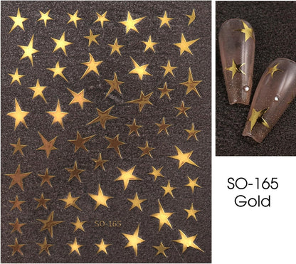 7 Sheets Star Nail Art Stickers - Gold, Silver, White, Black 3D Self-Adhesive Decals for Manicure Decorations - Nail Designs and Supplies for Women