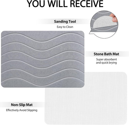 Absorbent Stone Bath Mat, Diatomaceous Earth Shower Mats, Non-Slip Water Absorbing Diatomite Stone Mat for Bathroom Floor, Quick-Drying Easy to Clean (23" x 16" Gray)