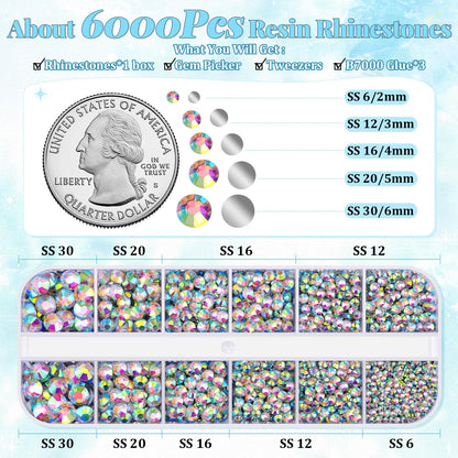 6000Pcs Resin Rhinestones for Bedazzling with 3Pcs B7000 Jewelry Glue, 1 Box AB Flatback Rhinestones for Crafting Crafts DIY, Crystals Gems for Clothing Shoes Tumblers Nail Art Makeup