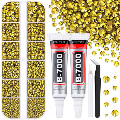 6100Pcs Resin Rhinestones for Crafting with 2Pcs 10ml B7000 Jewelry Glue, 1 Box Flatback Crystals Diamond (Bright Gold) for Bedazzling Crafts DIY Nail Art，Non Hotfix Gems for Clothing Shoes Tumblers