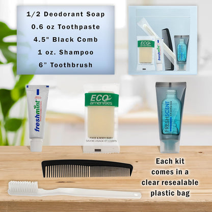 Moda West 96 Hygiene Kits - Bulk Case Wholesale Deluxe Toiletries for Men, Women, Travel, Charity, Includes Shampoo, Deodorant, Toothpaste, Razor, More, Homeless Shelters, Donations, Hotels, Travel