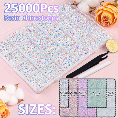 25000Pcs Resin Jelly Rhinestones with Tweezers for Crafting, White AB Flatback Gems, Bedazzling Crystal with 3Pcs 10ml B7000 Jewelry Glue for DIY Crafts Clothing Tumblers Shoes Fabric Nail Art