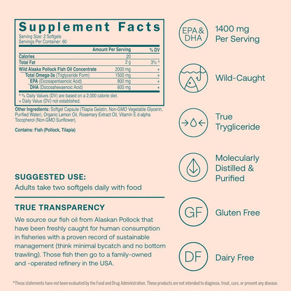 True Grace Omega-3 Fish Oil - 120 Softgels - 1400 mg EPA + DHA - Brain, Heart, Joint & Immune Health - Organic, Gluten Free, Soy Free