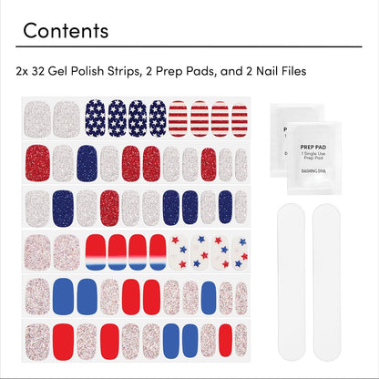 Dashing Diva Patriotic Gloss Nail Strips Bundle - Salute & Independent - UV Free, Chip Resistant, Long Lasting Gel Nail Stickers - Contains 2 Sets
