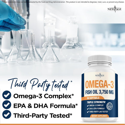 Triple Strength Omega 3 Fish Oil 3750 mg - EPA & DHA - Over 3000mg Omega-3 Fatty Acids - 1350mg EPA + 900mg DHA - Best Essential Fatty Acids, Burpless Fish Oil - 270 Count