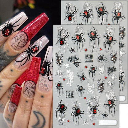 2 Sheets Spider Nail Decals for Nail Art Embossed Halloween Nail Stickers with Rhinestones Designs 5D Horror Spider Nail Art Stickers Self-Adhesive Halloween Holiday Nail Supplies for Women
