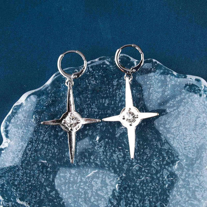 Punk Cross Star Dangle Drop Earrings Vintage Silver Hanging Rhinestone North Star Drop Earrings Minimalist Cross Star Dangle Huggie Small Hoop Earrings Jewelry for Women