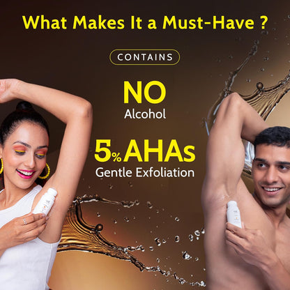 UnderArm Roll-On with 5% AHA|Lactic & Mandelic Acid|Prevents Odour, Brightens Skin & Exfoliates Underarm|For Sensitive Skin |Woody Musk Fragrance |Alcohol & Aluminium Free | 1.35 fl oz