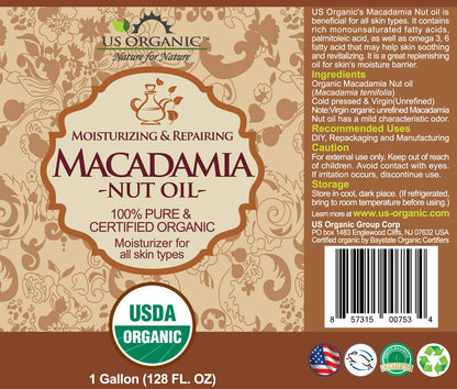 US Organic Macadamia Nut Oil Unrefined Virgin, Certified Organic, Pure & Natural, Cold Pressed, Size for DIY and small manufacturers (128 oz (1 Gallon))