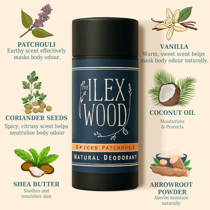 The Ilex Wood - Spiced Patchouli Woody Natural Deodorant - 2.4 fl oz. Natural Deo in Recyclable Cardboard Tube, Vegan, no Plastic, no Alcohol, no Toxins, no Aluminium Salts & Cruelty Free for Women & Men