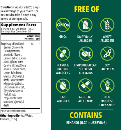 Iberogast Liquid Drops, Herbal Relief of Stomach Upsets: Occasional Indigestion, Bloating, Gas, Nausea, Upset Stomach; Gluten Free; 6-Herb Blend with Iberis Amara, Peppermint, Licorice; 50mL