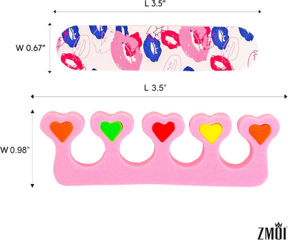 6 Pieces Colorful Girly Mini Emery Nail Files + 6 Pairs Heart Design Toe Separators Manicure/Pedicure Kit Kid Spa Party (Pack of 1)