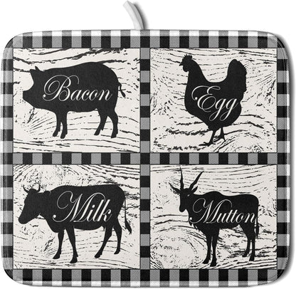 Farmhouse Animal Dish Drying Mat Buffalo Plaid Drainer Rack Mats Fast Dry Absorbent Kitchen Countertop Protector Dishes Pad 16x18 Inch