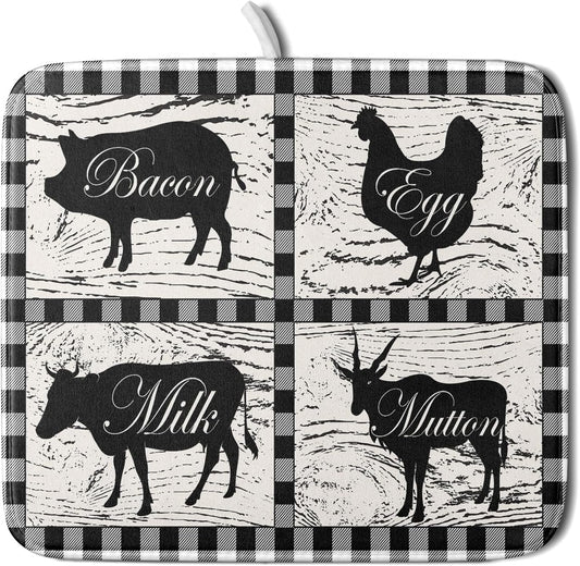 Farmhouse Animal Dish Drying Mat Buffalo Plaid Drainer Rack Mats Fast Dry Absorbent Kitchen Countertop Protector Dishes Pad 16x18 Inch