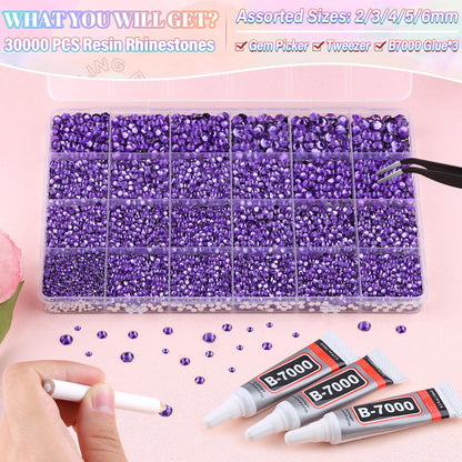 30000Pcs Resin Purple Rhinestones for Bedazzling Crafting with b7000 Jewelry Glue, Bulk Flatback Gems Bedazzler Kit for Crafts Clothes Shoes Fabric Nail Diamond Art, Assorted Size 2/3/4/5/6mm