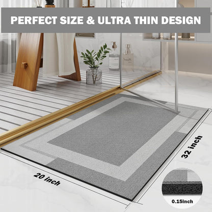 Non Slip Bath Mat, Rubber Backing Ultra Thin Bathroom Rugs Fit Under Door Quick Dry Super Absorbent Washable Bath Rug Shower Mat for Bathroom Floor Bathtub Shower Sink, Easy Care Gray 20"x 32"