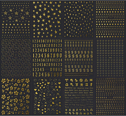 12 Sheets Gold Nail Art Stickers Decals 3D Self Adhesive Letter Heart Nail Decals,Flower Star Nail Stickers,Gold Nail Stickers for Nail Art,Nails Supplies for Women Girls