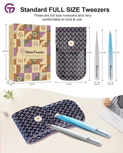 Expert Slant and Point Tip Tweezer Set with Exclusive Storage & Carrying Case, GlamTweeler Sharp & Precision Tweezer Set for Eyebrows, Facial Hairs and Fine Hairs Removal (Sparkle Blue + Silver)