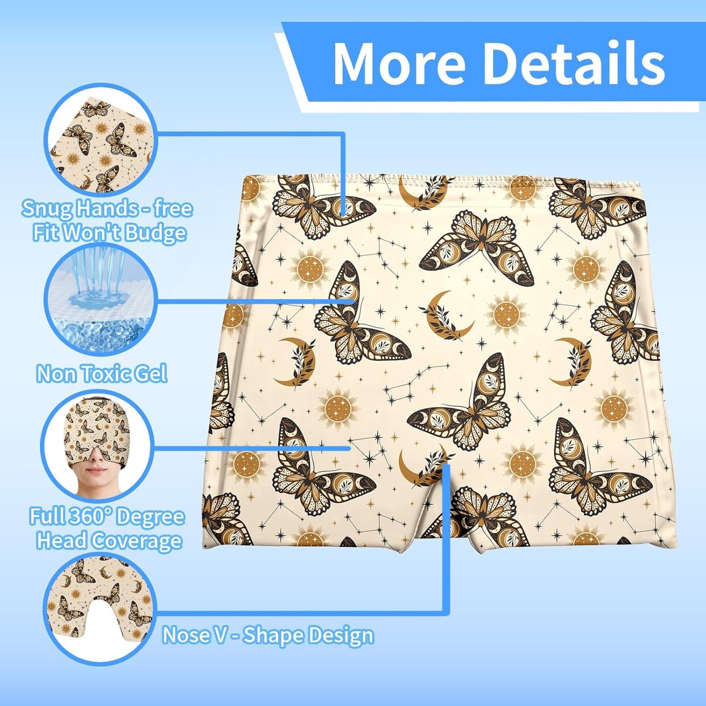 Migraine Relief Cap,Headache Relieve Cap,Beige Boho Butterfly Reusable Gel Ice Head Wrap Cap for Tension,Stress,Hangover & Puffy Eyes.