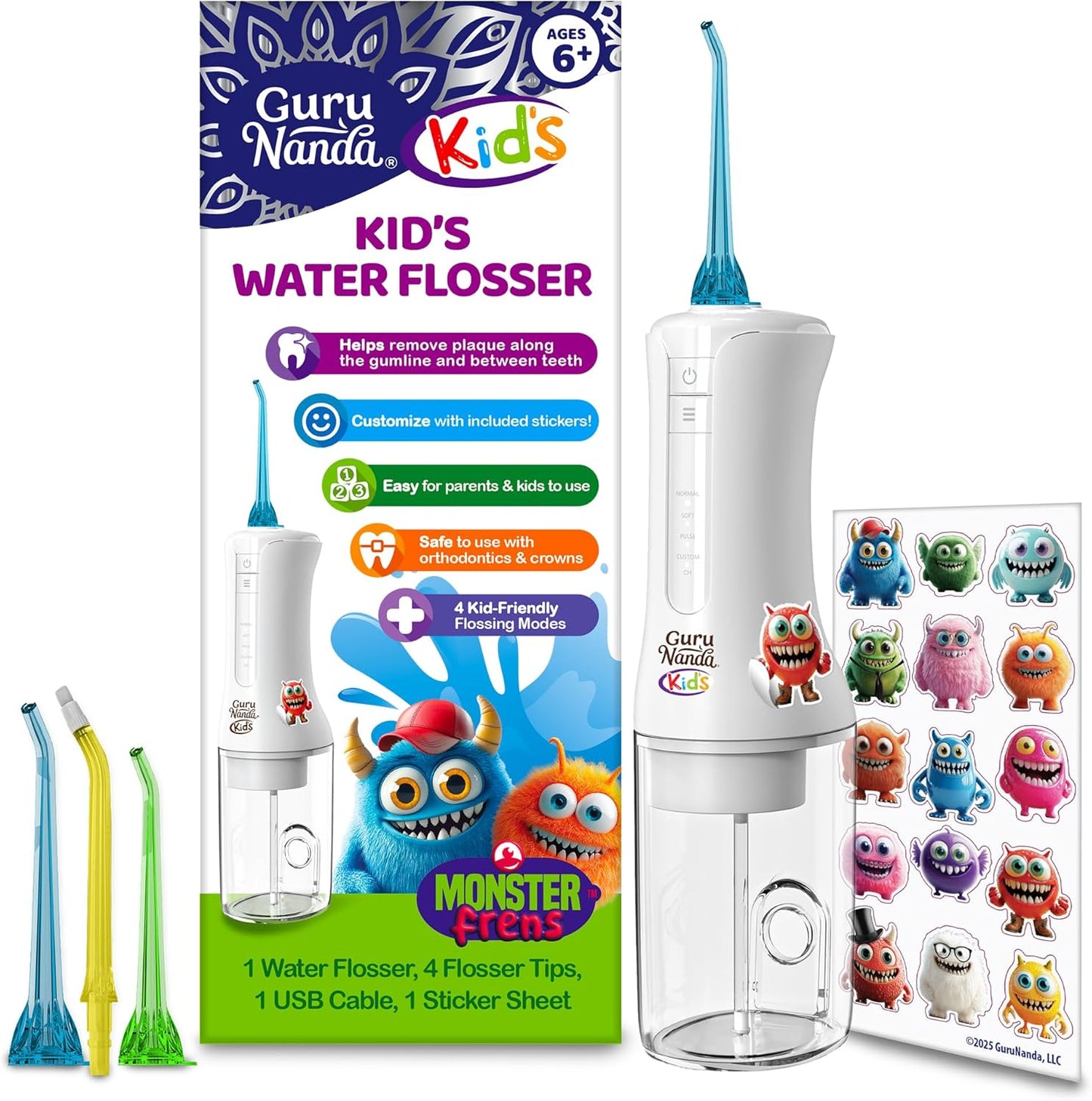 GuruNanda Kids Water Dental Flosser - 4 Flossing Modes, 4 Nozzles, 2-Min Smart Timer, Ages 6+, Monster Frens Theme, Portable Oral Care for Kids