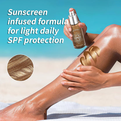 Body Shimmer Oil, 50ml Suncreen Liquid Highlighter Bronzer Body Glitter Oil Long Lasting Moisturizing Makeup Lotion Illuminate Serum Glow Shimmer Skin 1.7 Fl Oz（Bronze Brown #01）