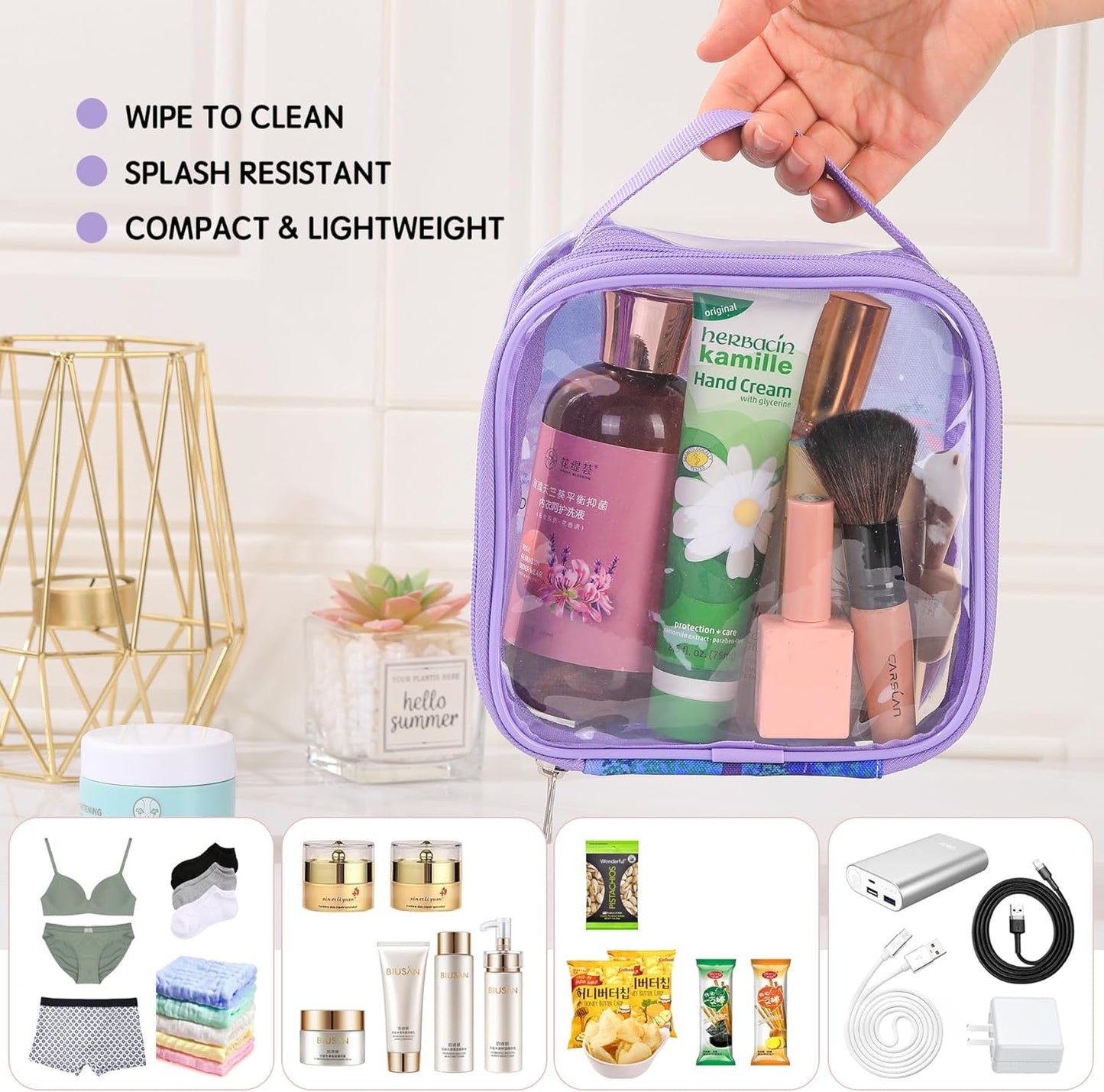 TSA clear toiletry bag airport approved see through pvc plastic pouch transparent makeup carry on with handle(purple)