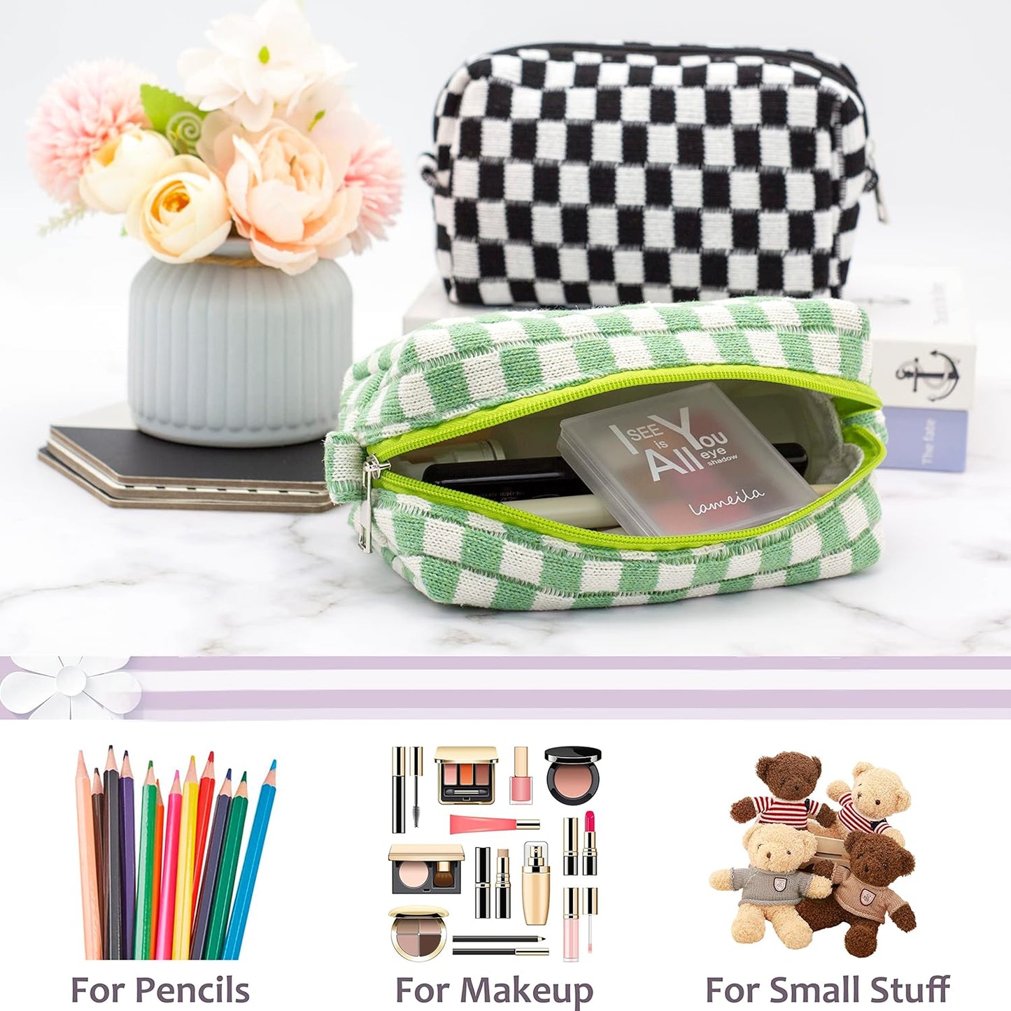 PAZIMIIK Checkered Makeup Bag for Purse Portable Zipper Make Up Pouch Small Cosmetic Case for Travel Accessories (2PCS Light Green)