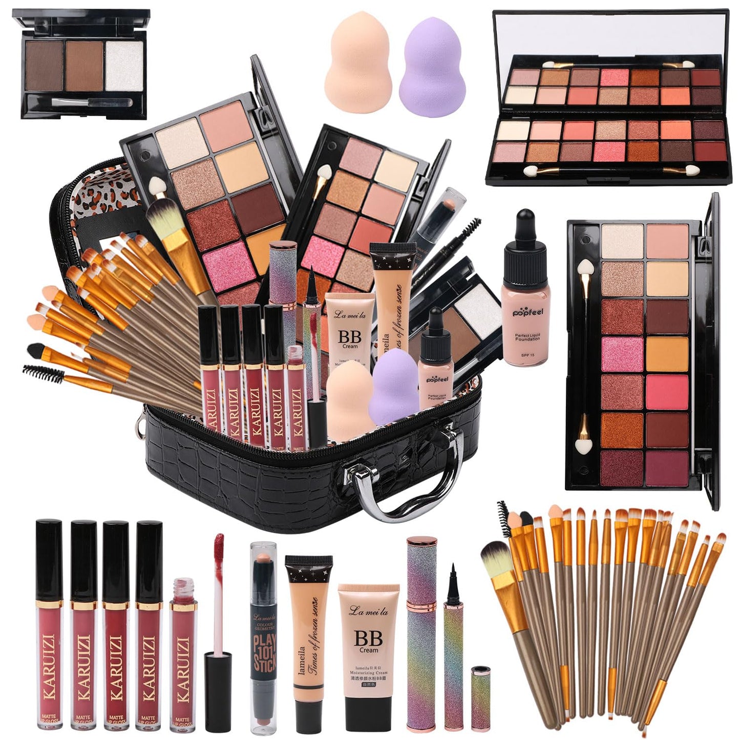 All in One Makeup Kit - 2X14 Eyeshadow Palette, Liquid Foundation, Eyeliner Pencils, Contouring Stick, Lip Gloss, 20Pcs Makeup Brushes (Black)