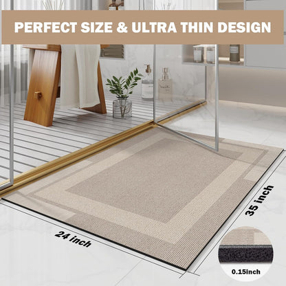Non Slip Bath Mat, Rubber Backing Ultra Thin Bathroom Rugs Fit Under Door Quick Dry Super Absorbent Washable Bath Rug Shower Mat for Bathroom Floor Bathtub Shower Sink, Easy Care Beige 24"x 35"