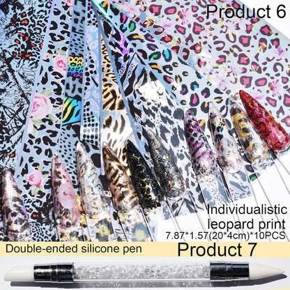 Nail Art Transfer Foils, 60 Pieces, Mixed Designs - Dried Flowers, Iridescent, Animal Print, Marble, Checkered Patterns, 1 Pcs Nail Art Engraving Pen Silicone Pen 7.87 x 1.57 inches(60)
