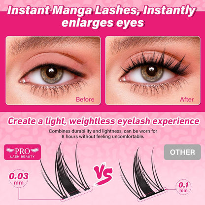 PROLASHBEAUTY Fairy Lash Clusters Kit Manga Spiky Eyelash Clusters Ultra Thin Band Natural Look Lashes Kit with Lash Bond and Seal Remover (Fairy, 8-18mix)