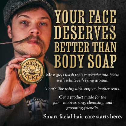 Night Fury Beard & Mustache Wash Bar – Citrus Scent – Gentle Lathering Face Soap for Men – Deep Clean, Softens Facial Hair, Removes Wax Build-Up – Natural Ingredients – Grooming Bar in Travel Tin